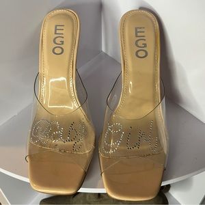 Ego Clear Nude “Baby Girl” Rhinestone Bedazzled Square Toe Heels Size 6UK